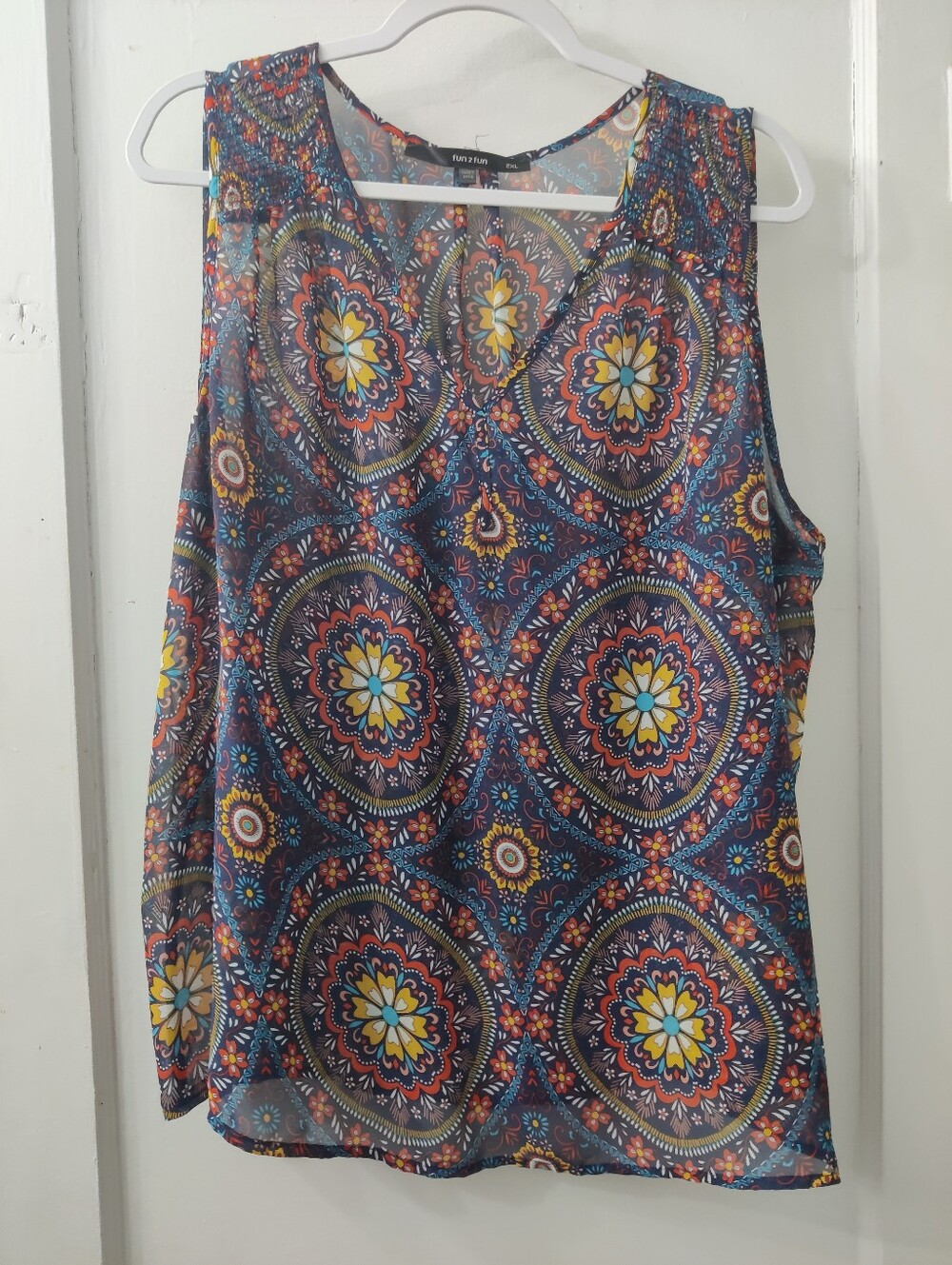 Fun2Fun Sheer Floral Medallion Sleeveless Blouse - Blue